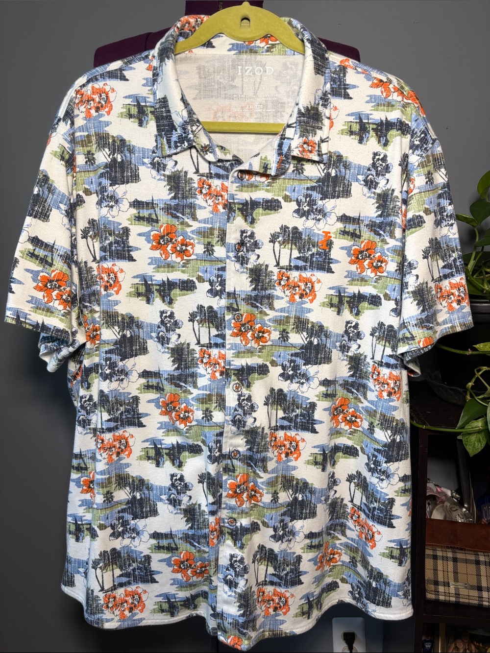 Izod Golf White Short-Sleeve Button-Down Shirt with Orange and Blue Floral Print